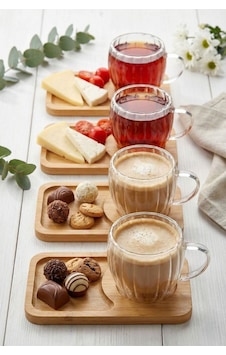 4 Kişilik 8 Parça Çift Cidarlı Bardak Ve Bambu Tabaklı Espresso Çay Kahve Fincan Takımı Şeffat