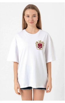 Hazego Türk Arma Baskılı Oversize Bisiklet Yaka Günlük T-shirt - Beyaz
