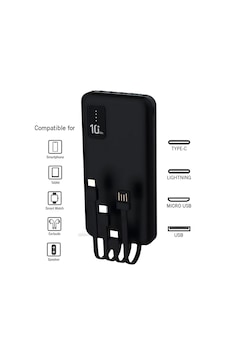 10.000 Mah Plus Dijital Göstergeli Dahili Çoklu Kablolu Powerbank,siyah,taşınabilir Şarj Cihazı Lcd Siyah