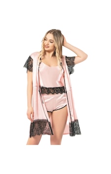 Kubatex Güpürlü Saten Babydoll Ve Sabahlık Takımı - Üçlü Takım