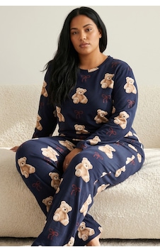 Siyah İnci Pamuklu Likralı Büyük Beden Battal Boy Örme Pijama Takım 26240879 Lacivert