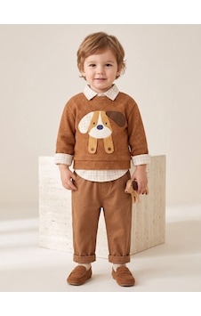 Zekids Erkek Bebek Köpek Aplikeli Kazak Gömlek Ve Pantolon Takım-17437 Kahverengi Zekids Erkek Bebek Köpek Aplikeli Kazak Gömlek Ve Pantolon Takım-17437 Kahverengi