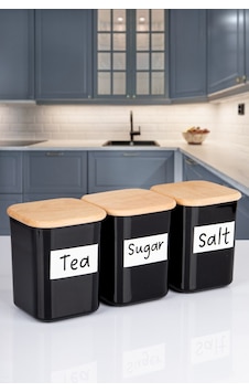 3'lü Ahşap Vakumlu Kapaklı Kare Akrilik Tea Sugar Salt Erzak Saklama Kabı 900 Ml Siyah