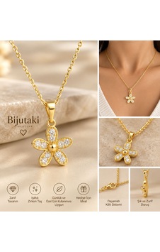 Gold Çiçek Figürlü Zirkon Taşlı Işıltılı Kadın Kolye