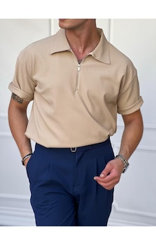 Modefendi İnce Fitilli Yüksek Kalite Fermuar Detaylı Oversize Tshırt Bej Modefendi İnce Fitilli Yüksek Kalite Fermuar Detaylı Oversize Tshırt Bej