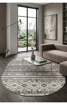 Etnik Kilim Desenli Pamuk Taban Yıkanabilir Baskılı Dekoratif Oval Halı Gri Vizon Etnik Kilim Desenli Pamuk Taban Yıkanabilir Baskılı Dekoratif Oval Halı Gri Vizon