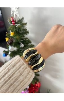 Kadın Siyah Tasarım Akrilik Kemik Gold Detaylı Bileklik Siyah