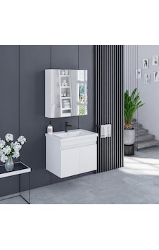 Banyo Dolabı 65 Cm İcon Ayna Dolaplı Alt Üst Modül Ve Seramik Lavabo Quarterbath Beyaz