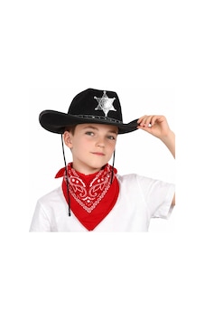 Çocuk Kovboy Şapka Rozetli Siyah & Kırmızı Bandana Fular Seti Çok Renkli Çocuk Kovboy Şapka Rozetli Siyah & Kırmızı Bandana Fular Seti Çok Renkli