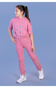 Toontoy Kız Çocuk 2'li Takım Baskılı Kısa Kollu Kapüşonlu Sweatshirt & Beli Paçası Lastikli Cepli Jogger Eşofman Altı - 2 İplik Gül Kurusu Toontoy Kız Çocuk 2'li Takım Baskılı Kısa Kollu Kapüşonlu Sweatshirt & Beli Paçası Lastikli Cepli Jogger Eşofman Altı - 2 İplik Gül Kurusu