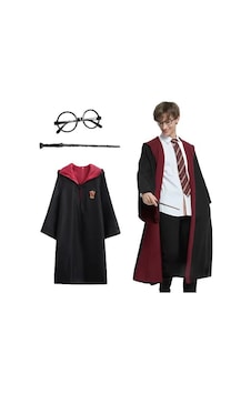 Harry Potter Gryffindor Kapişonlu Çocuk Kostüm + Asa + Gözlük Seti 11-12 Yaş