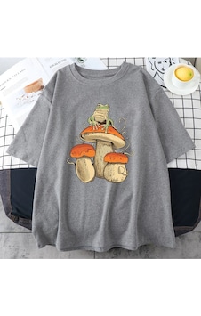 Flood Of Style Erkek Gri Mantar Baskılı Oversize Bisiklet Yaka Tshirt Flood Of Style Erkek Gri Mantar Baskılı Oversize Bisiklet Yaka Tshirt
