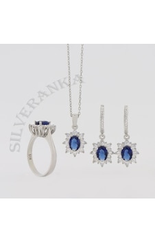 925 Ayar Gümüş Safir Oval Taşlı Anturaj Gümüş Set 925 Ayar Gümüş Safir Oval Taşlı Anturaj Gümüş Set
