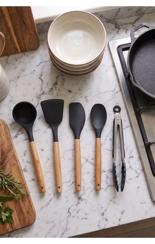 Bambu Saplı Siyah Silikon Mutfak Servis Seti 5 Parça Yanmaz Yapışmaz Silikon Uçlu Kepçe, Spatula, Kaşık Ve Kilitli Mutfak Maşası Premium Kalite Siyah Siyah Bambu Saplı Siyah Silikon Mutfak Servis Seti 5 Parça Yanmaz Yapışmaz Silikon Uçlu Kepçe, Spatula, Kaşık Ve Kilitli Mutfak Maşası Premium Kalite Siyah Siyah