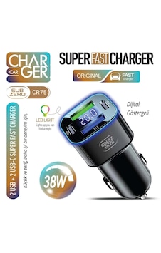 Subzero Cr75 38w 2usbx2pd Giriş Digital Göstergeli Süper Fast Rgb Araç Şarj Başlığı Siyah
