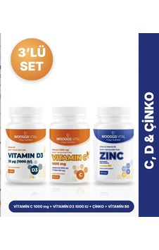 Hotay Nutrition Wooggs Vital Vitamin C 1000 Mg 120 Tablet + Vitamin D3 1000 Iu 60 Tablet + Çinko B6 120 Tablet 3'lü Set