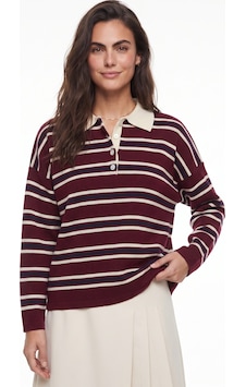 Onloox Kadın Bordo Bordo Akrilik Kumaş Polo Yaka Standart Beden Yatay Çizgili Düğme Detaylı Triko Kazak Onloox Kadın Bordo Bordo Akrilik Kumaş Polo Yaka Standart Beden Yatay Çizgili Düğme Detaylı Triko Kazak