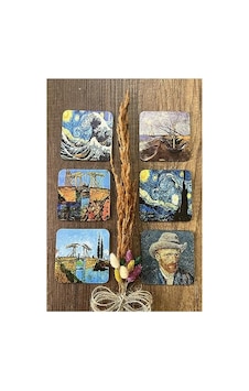 Van Gogh Temalı Ahşap Bardak Altlığı, 6'lı Set 9x9cm 124-Pembe Van Gogh Temalı Ahşap Bardak Altlığı, 6'lı Set 9x9cm 124-Pembe