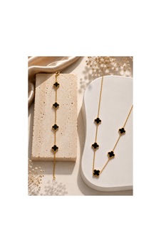 Çelik Yonca 2'li Set Model Bileklik Ve Kolye Siyah-altın - 900798680 Siyah-altın