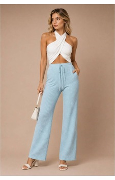 Moda Banuş Bürümcük Kumaş Beli Lastikli Pantolon Mavi Moda Banuş Bürümcük Kumaş Beli Lastikli Pantolon Mavi