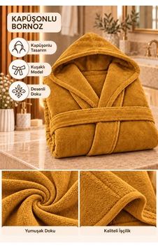 Kapüşonlu Unisex Rashell Bornoz Cepli Yumuşak Dokulu Hardal Kapüşonlu Unisex Rashell Bornoz Cepli Yumuşak Dokulu Hardal