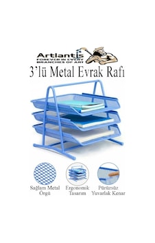Renkli Metal Evrak Rafı 3 Lü 1 Paket Masa Üstü A4 Dosya Düzenleyici Kağıt Tepsisi Metal Fileli Üç Katlı Hareketli Perfore Mavi