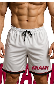 Top Glory Cepli Miami Baskılı Basketbol Şortu Spor Şort Beyaz