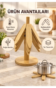 Bambu Katlanabilir Nihale Seti 3 Lü Standlı Tencere Tava Çaydanlık Altlığı Isıya Dayanıklı Tezgah Koruyucu Diğer