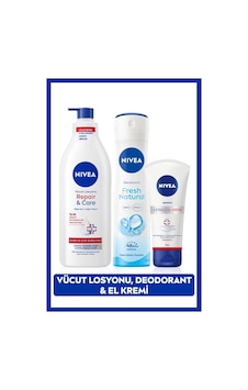 Nivea Kadın Sprey Deodorant Fresh Natural 150 ML + Nemlendirici Soft El Bakım Kremi 75 ML + Vücut Kremi 300 ML