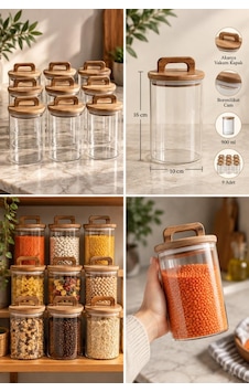 Atbyhome 9'lu Kulplu Akasya Kapaklı Borosilikat Cam Kavanoz Seti 900 Ml - Vakumlu Erzak Bakliyat Kabı Ahşap - Şeffaf Atbyhome 9'lu Kulplu Akasya Kapaklı Borosilikat Cam Kavanoz Seti 900 Ml - Vakumlu Erzak Bakliyat Kabı Ahşap - Şeffaf