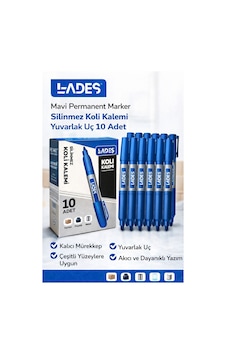 Lades Mavi Permanent Marker Silinmez Koli Kalemi Yuvarlak Uç 10 Adet Çok Renkli