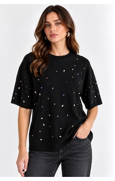 Mevese Kadın Taş Baskılı Oversize Merserize Kısa Kollu Bluz- Siyah Mevese Kadın Taş Baskılı Oversize Merserize Kısa Kollu Bluz- Siyah