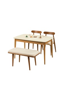 Ganni Home Bergamo Açılır Yemek Masası Takımı Krem Ceviz Mdf Tabla, Gürgen İskeletli Modern Tasarım Krem-ceviz