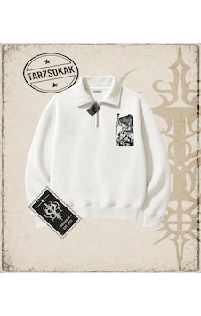 Tarzsokak Gotik & Grunge Streetwear Vintage Anime Misa Amane Saint Gotik Y2k Yarım Fermuarlı Sweatshirt Beyaz