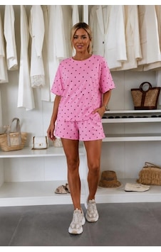 Valensdesign Kadın Puantiyeli Viskon Kumaş Şortlu Takım Pembe