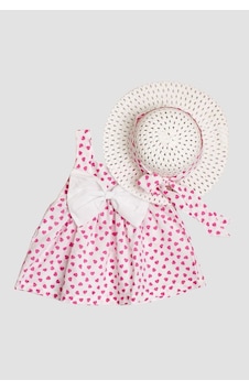 Chicsy Baby Tatl Kız Bebek Kalp Desenli Askılı Elbise Ve Şapka Takımı Yazlık Pamuklu Bebek Elbisesi Pembe