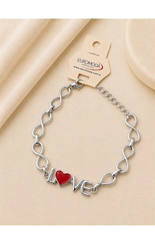 Love Yazılı Kırmızı Mineli Kalp Detaylı Zincir Bileklik Love Yazılı Kırmızı Mineli Kalp Detaylı Zincir Bileklik
