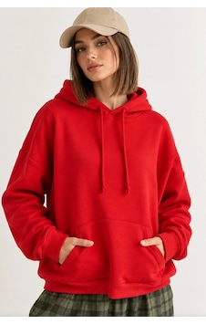 Mevese Taş İşlemeli Kanat Detaylı Kapüşonlu Rahat Kesim Kanguru Cepli Kadın Sweatshirt - Kırmızı Mevese Taş İşlemeli Kanat Detaylı Kapüşonlu Rahat Kesim Kanguru Cepli Kadın Sweatshirt - Kırmızı