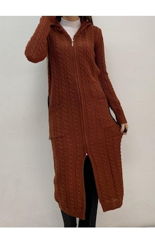 Onno Style Woman Fermuarlı Uzun Triko Hırka Kahverengi Onno Style Woman Fermuarlı Uzun Triko Hırka Kahverengi
