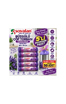 Büzgülü Çöp Torbası Lavanta Kokulu Büyük Boy 65x70 Cm 5'li Paket 50 Adet Büzgülü Çöp Torbası Lavanta Kokulu Büyük Boy 65x70 Cm 5'li Paket 50 Adet