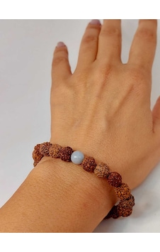 Angelit Taşlı Rudraksha Tohum Unisex Bileklik 8mm Kahverengi