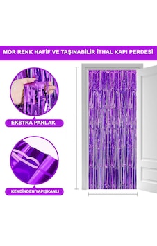 Mor - 4 - Renk Ekstra Metalize Parlak Saçaklı Arka Fon Perde İthal A Kalite - Csmo-tex - 1x2 Metre Tüm Yaşlar