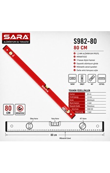 Sara S982-80 80 Cm Mıknatıssız Su Terazisi 3 Kapsüllü, 1,2 Mm Alüminyum Profil Sara S982-80 80 Cm Mıknatıssız Su Terazisi 3 Kapsüllü, 1,2 Mm Alüminyum Profil