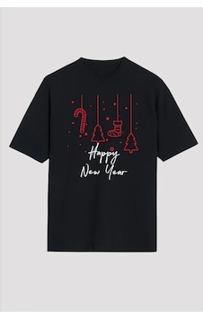 Defymoda Yılbaşı Happy New Year Baskılı Kısa Kollu Oversize Bisiklet Yaka T-shirt - Siyah Defymoda Yılbaşı Happy New Year Baskılı Kısa Kollu Oversize Bisiklet Yaka T-shirt - Siyah