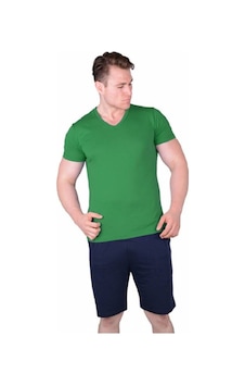 Bsm Erkek V Yaka Kısa Kol Modal Serin Tutan İnce Yeşil Şortlu Pijama Takımı Yeşil