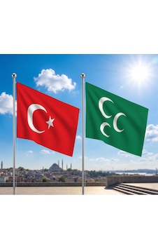 Yeşil Üç Hilal Osmanlı İmparatorluğu Sancağı Bayrağı Ve Alpaka Kumaş Türk Bayrağı 2'li Set 70x105cm Diğer