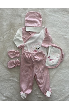 Özlem Bebe Desenli 5li Zıbın Set Pembe Özlem Bebe Desenli 5li Zıbın Set Pembe