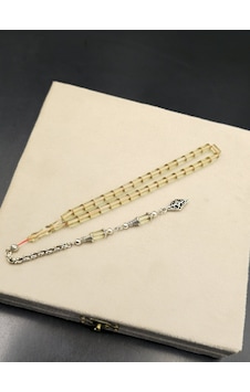 Özel Tasarım Alpaka Püsküllü Ateş Kehribar Bilek Boy Tespih 4,5x7 Mm Açık Sarı Gümüş