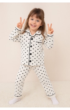 Yaş Kız Çocuk Pamuklu Kalp Desenli Pijama Takımı Siyah