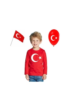 Masho Kids Uzun Kollu Çocuk Türk Bayrak Ay Yıldızlı Tişörtü - Bayrak + Balon